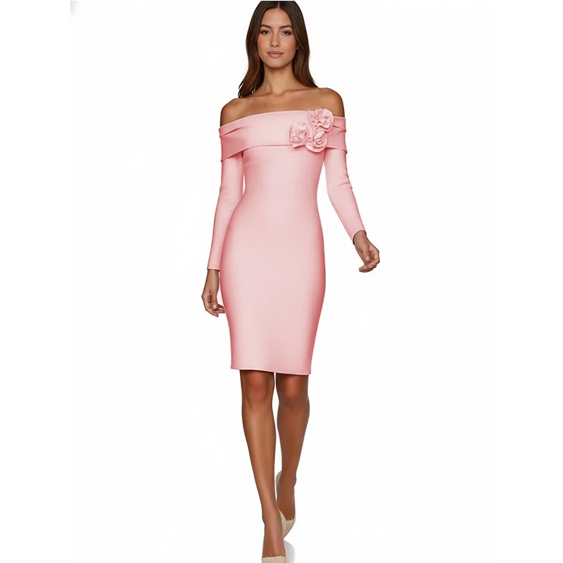 

Элегантное вечернее платье в стиле Lady Style с 3D цветочным узором, круглым вырезом, открытыми плечами, длинными рукавами, облегающее, миди, роскошное коктейльное платье