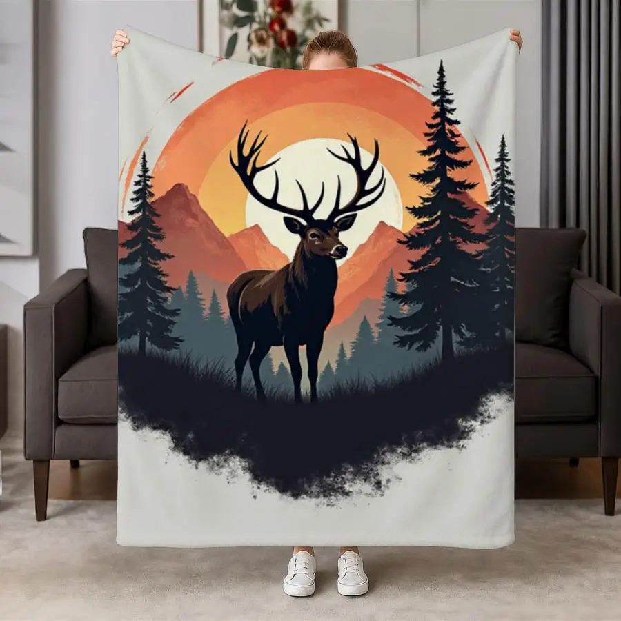 Vintage Stag And Mountain Sunset Flannel Throw Blanket - Soft, Warm Retro Wilderness Design with Pine Trees, Ideal for Couch, Bed, Office & Travel, Perfect Gift for Friends & Family, Machine Washable 2D Flat Weighted Blanket 280GS