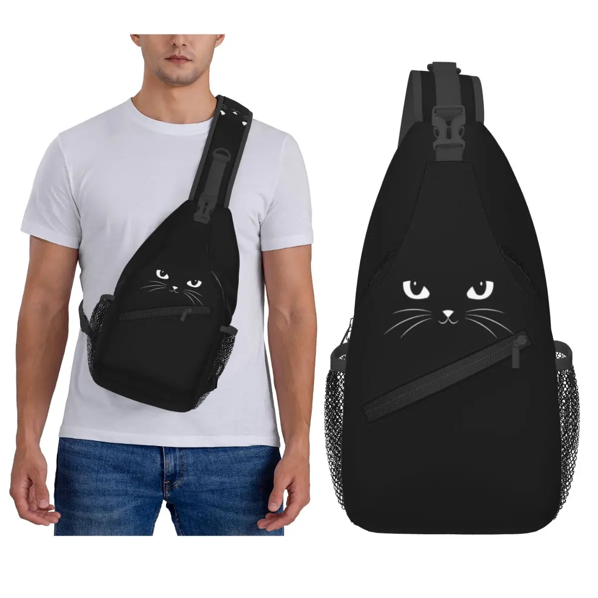 لطيف القطة السوداء حقيبة الصدر الرجال حبال Crossbody على ظهره حقيبة صدر للرجال السفر المشي لمسافات طويلة Daypack حقيبة الكتف