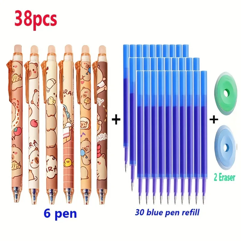

Набор из 38 шт. — стираемые гелевые ручки Cute Capybara Side-Press, выдвижные синие чернила 0,5 мм, со стержнями большой емкости. Термоластик