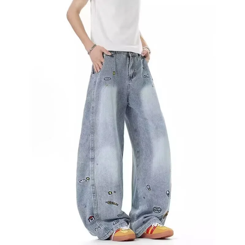 

2025 New Men's Cartoon Embroidered Baggy Straight Jeans High Street Fashion Denim Curved Pants Hip Hop Punk Y2K Vintage Jean