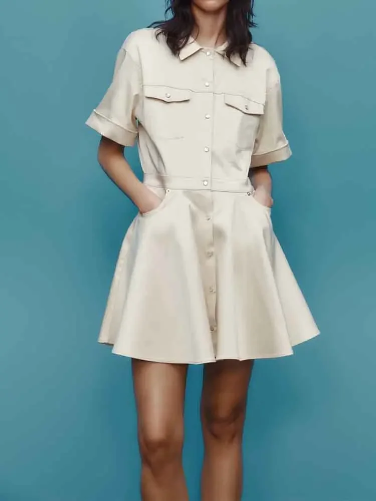

LIBIELIY European Style New Women's Clothing Fashionable And Versatile Temperament Wide Hem Short Sleeve Lapel Short Dress
