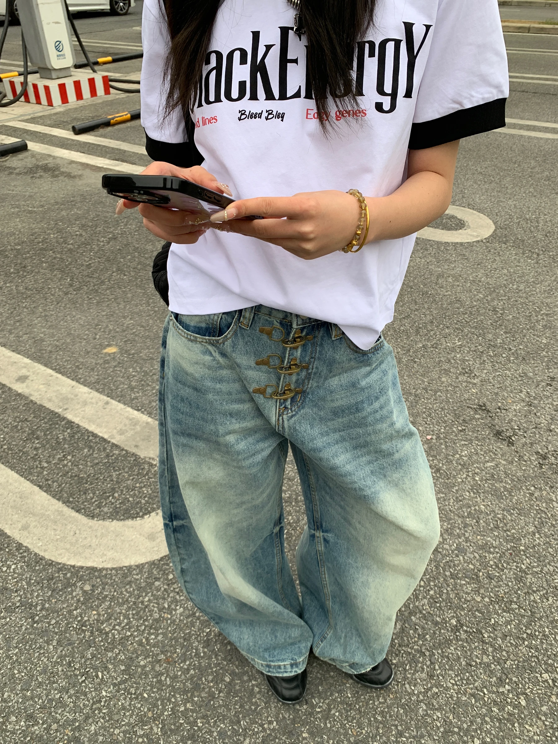 

Wooden Sheep Retro Aircraft Buckle Wide Leg Jeans Casual Loose Long Pants for Men And Women Washed Denim Trendy Cleanfit Style