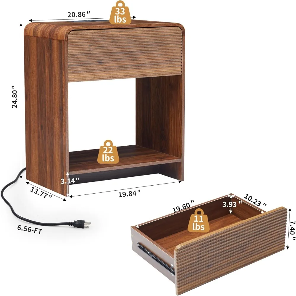 2-piece Flute Bedside Table with Charging Station, Modern Bedside Table with Drawer Storage