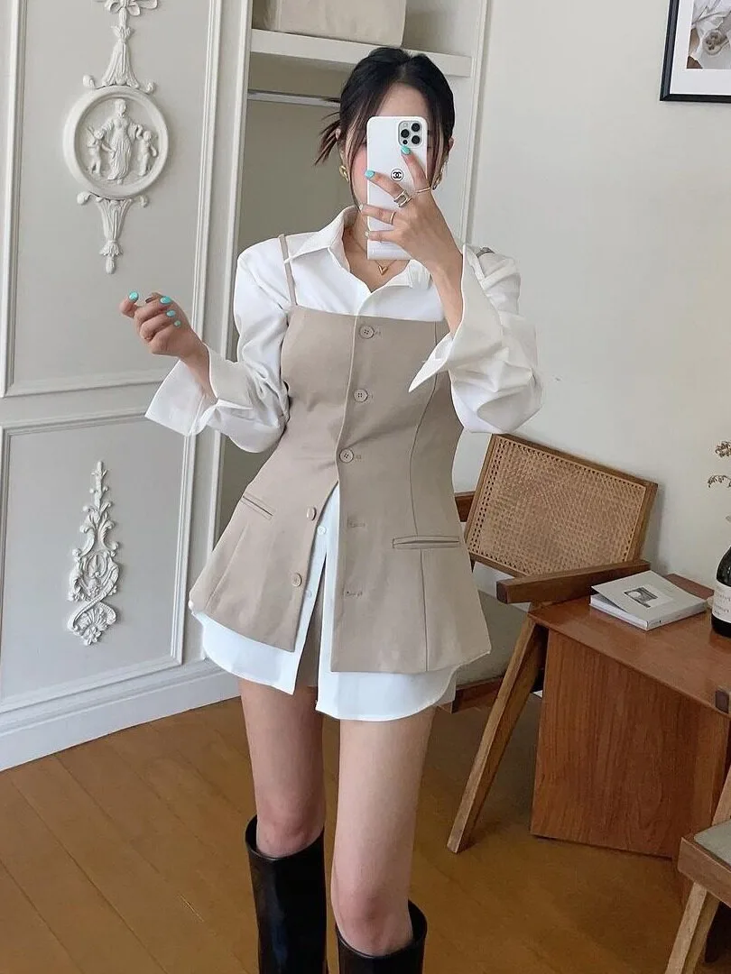 Hebe Style Long Sleeve Shirt And Vest Black Dress Two Piece Set Autumn Korean Fashion Women's Clothing Streetwear Outdoor