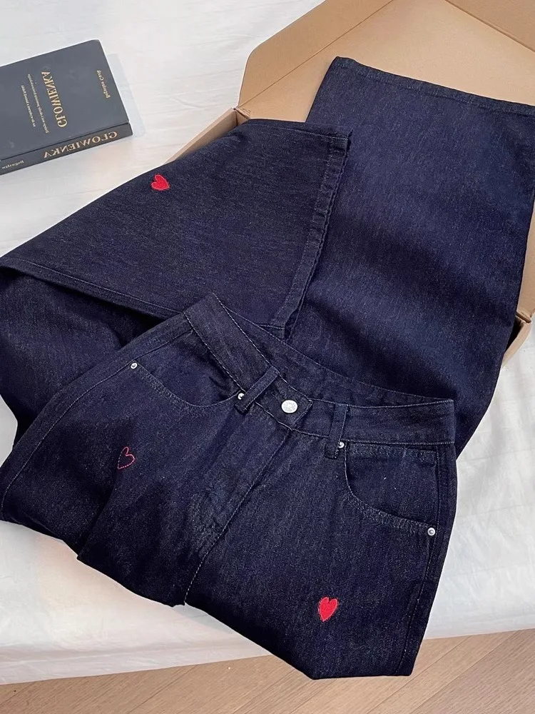 Celana Jeans Wanita Model Kaki Lebar Pinggang Tinggi Bordir Tebal Desain Retro Serbaguna Musim Semi Gugur, Efek Langsing