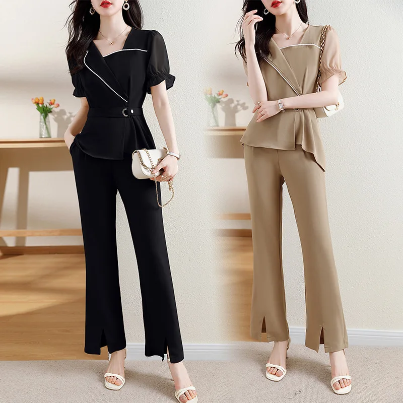 Korean Fashion Oversize Women Sets For Summer 2024 New Irregular Top & Wide Leg Pants 2 Pieces Office Lady Outfits Pantsuits