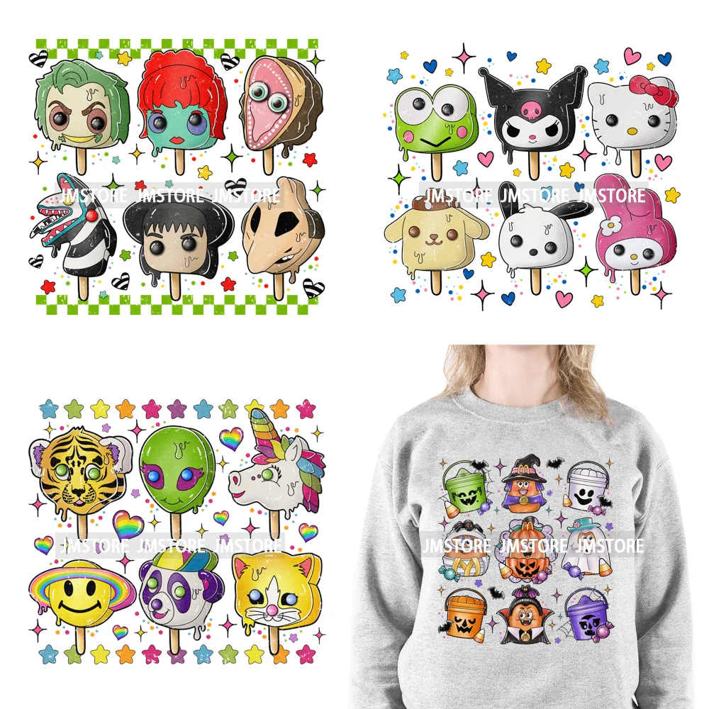 Colorful Horror Cartoon Character Ice Cream Dessert Halloween Sweets Summer Popsicle DTF Iron On Transfer Stickers For Clothes