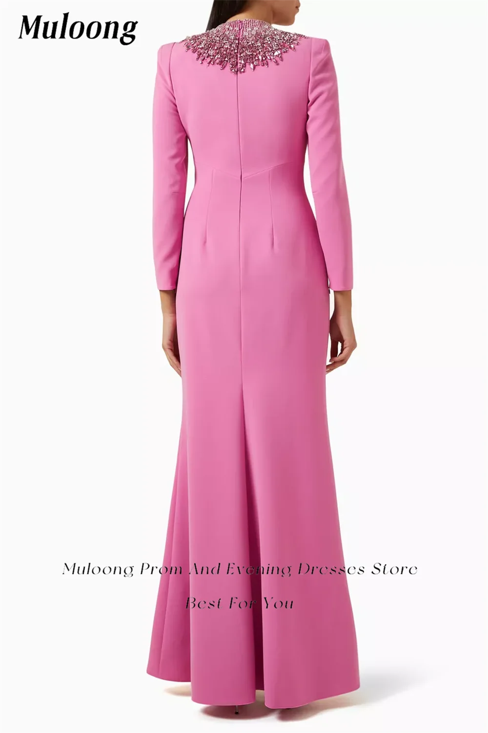 Muloong Pink Sequin Embellished High Neck Maxi Dress Padded Shoulders Ankle Length Mermaid Classic Luxury Evening Dress