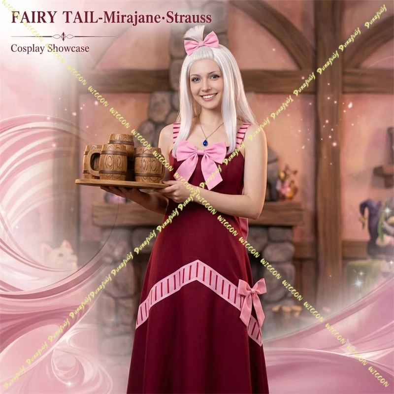 Anime FAIRYYY Costume Mirajane Strauss Cosplay Red Long Dress Pink Bow White Wigs Necklace Halloween Christmas Party Roleplay