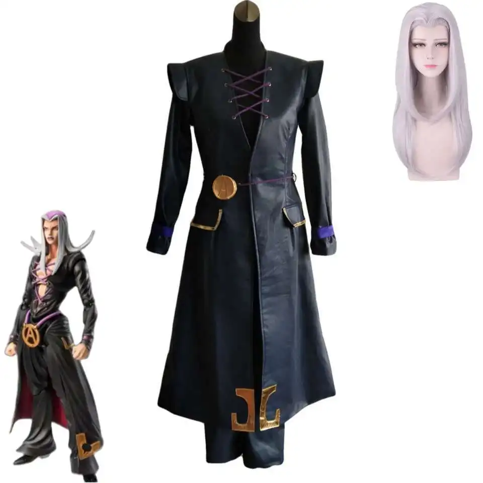 Anime JOJO's Bizarre Adventure Golden Wind Leone Abbacchio disfraz de Cosplay negro PU abrigo largo uniforme peluca hombre traje de Carnaval