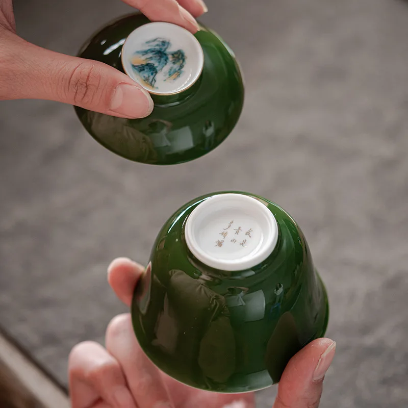 

Изумрудно-зеленый ручная роспись тысячи миль пейзажная крышка чаша оригинальная глазурь керамический античный стиль Gongfu анти-ожоговой чайный сервиз