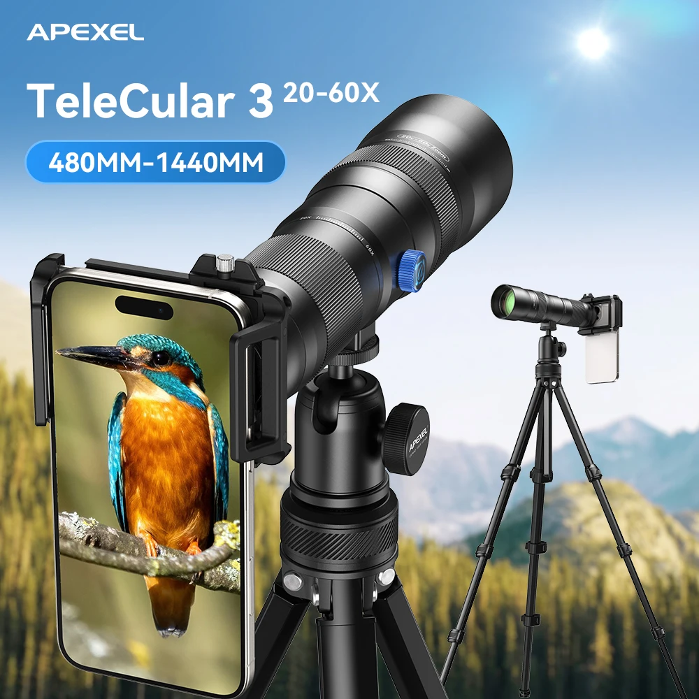 APEXEL Universal Phone Telephoto Lens 20x-60x Zoom Telescope w/Metal Tripod for iPhone Android Camping Bird-Watching Camera Lens