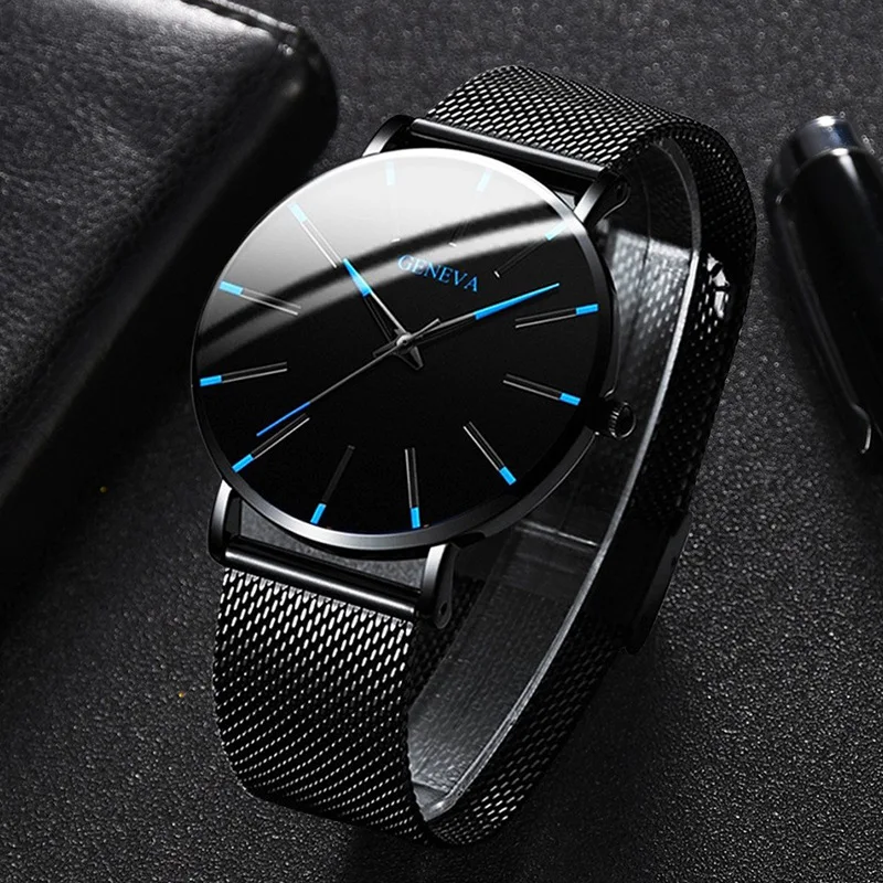 Hot sale fashion blue needle quartz watch men's mesh belt