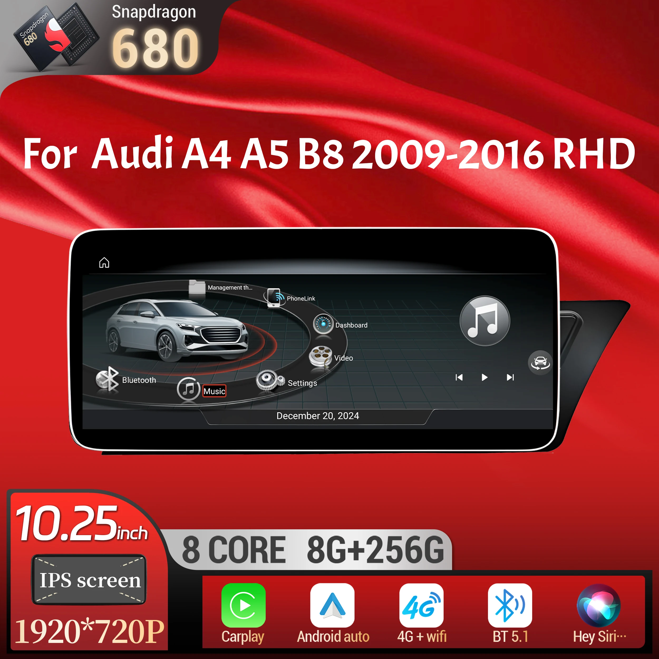 

10.25 inch Right Hand Drive Android 14 For Audi A4 A5 B8 2009-2016 Car Radio Wireless BT Carplay Qualcomm Snapdragon 680 Screen