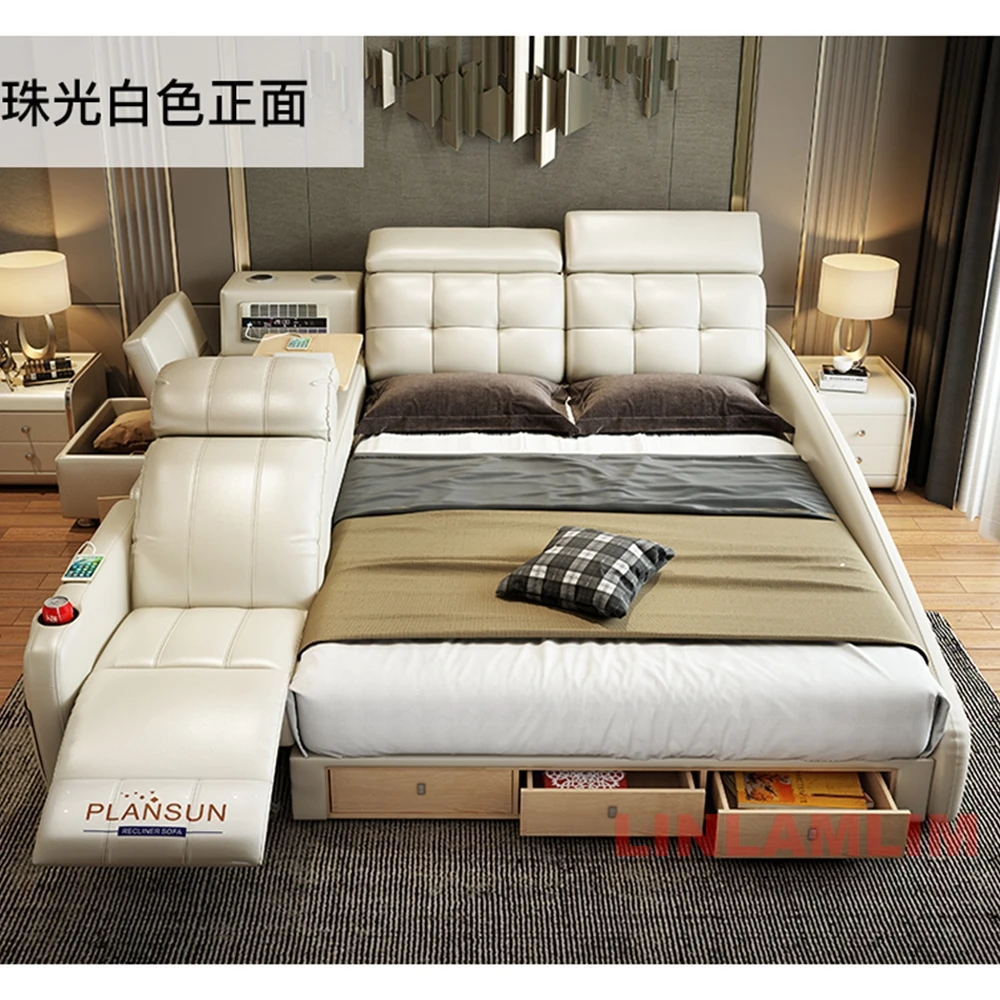 Ultimate Tech Smart Genuine Leather Bed with Massage Chair, Speaker, Air Purifier & USB – Luxury Multifunctional Platform Bed