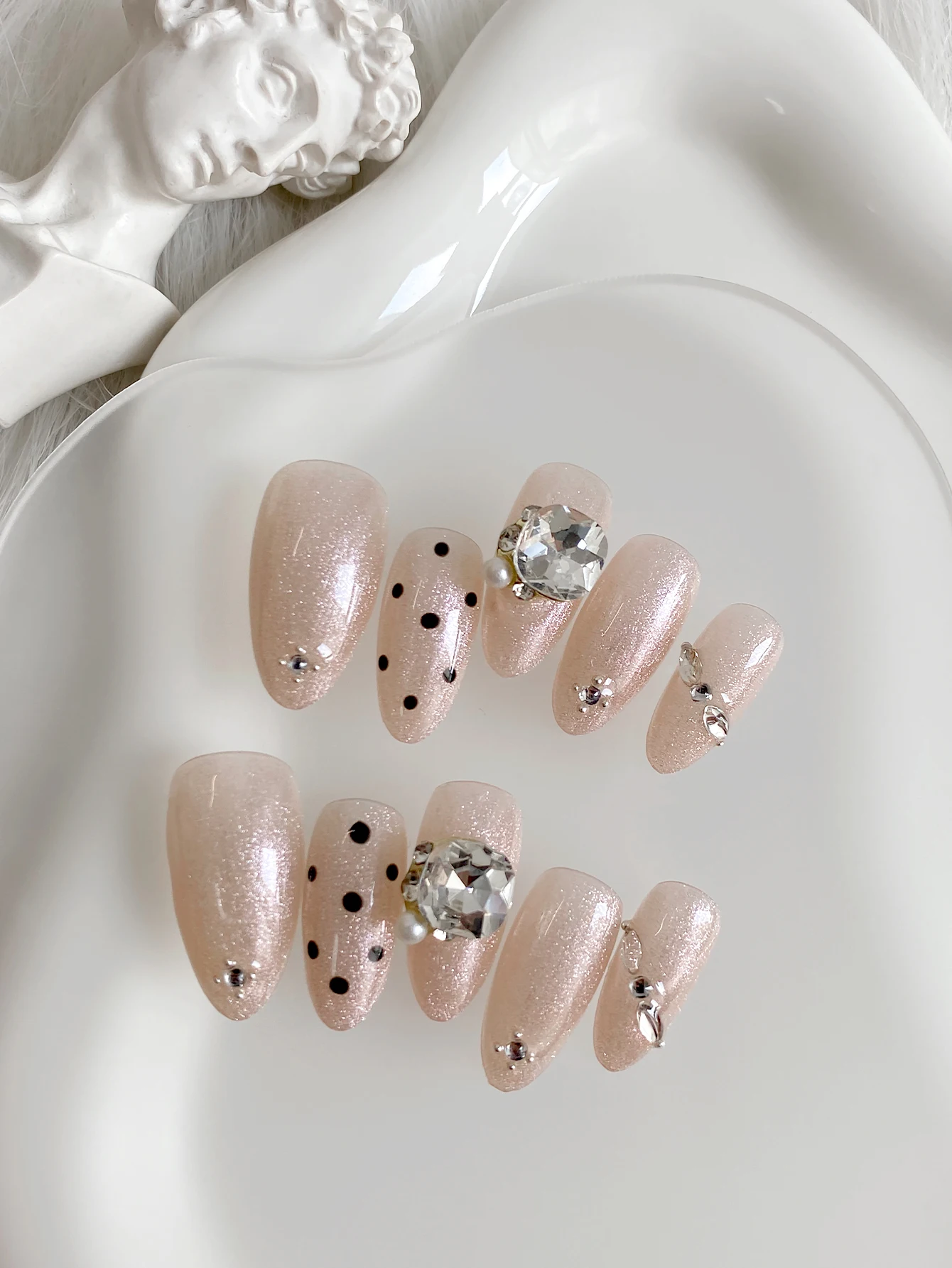 Handmade Press On Nails, Nude Glitter Medium Oval Fake Nails, Black Polka Dots Big Rhinestone Pearl Reusable Nail Tips