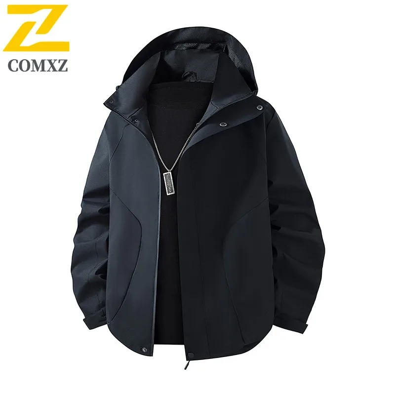 COMXZ Men Detachable Hood Windbreaker  Loose Fit Waterproof Jacket Spring Autumn Outdoor Windproof Sport Coat Lightweight Hiking
