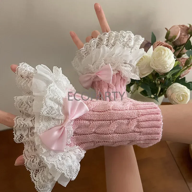 Women Fake Sleeve Knitted Ruffles Cuffs Lolita Black White False Sleeves Lace Cuffs Detachable Wrist Warmer for Shirt Sweater