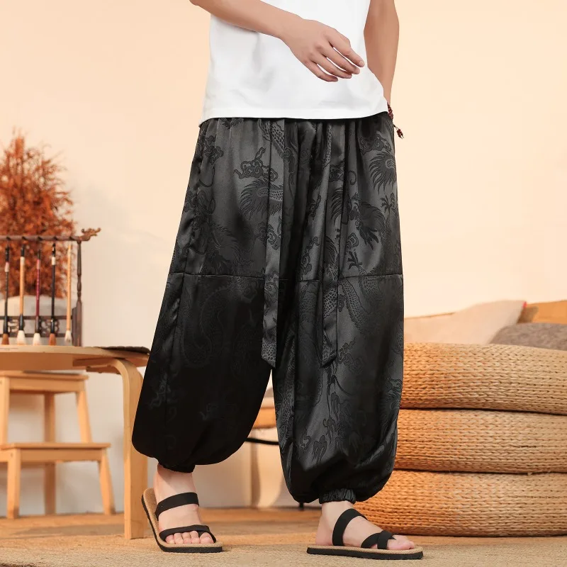 Men Wide Leg Pants Summer Ice Silk Light Thin Harun Pants Chinese Style Dragon Print Casual Trouser Loose Oversize Men Clothing