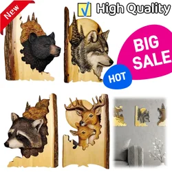 Animal Carving Handcraft Wall Hanging Sculpture Wooden Raccoon Bear Deer Fox Wolf Hand Drawn Decoration Home Living Room Gift
