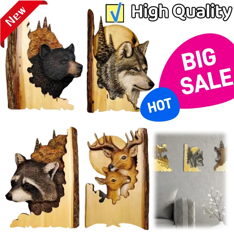 Animal Carving Handcraft Wall Hanging Sculpture Wooden Raccoon Bear Deer Fox Wolf Hand Drawn Decoration Home Living Room Gift