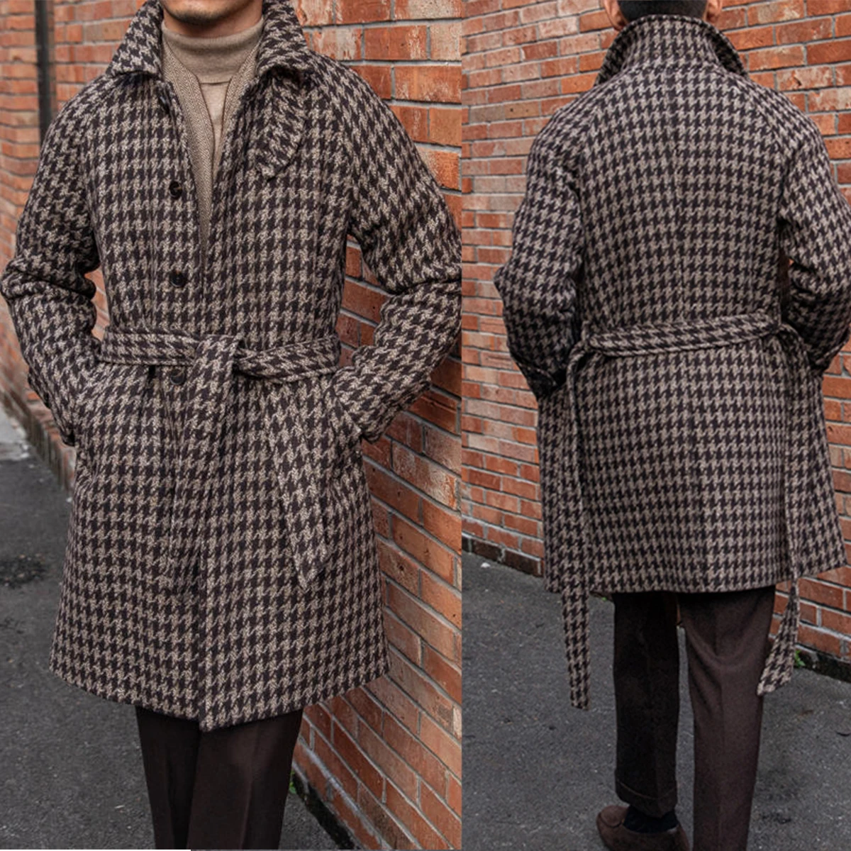 Classic Brown Houndstooth Men Coat Woolen Warm Winter Autumn Coat Single Breast Stand Collar Out-Wear Custom Made