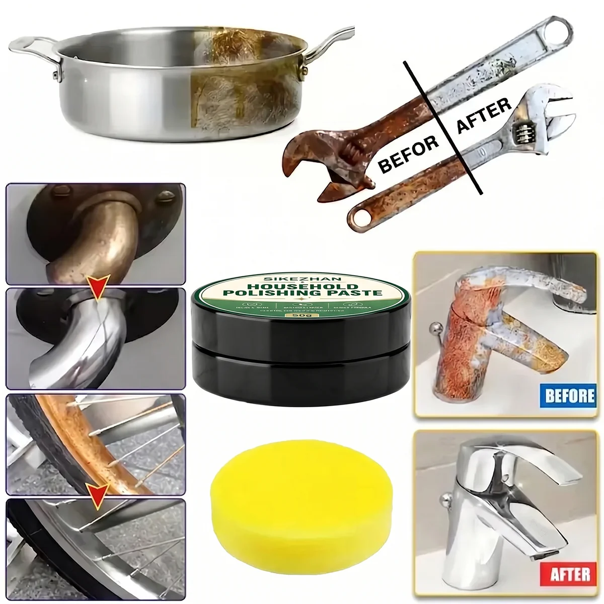 SIKEZHAN Heavy Duty Metal Polishing Paste | Quick Stain & Scratch Repair Compound for Stainless Steel, Chrome | Portable