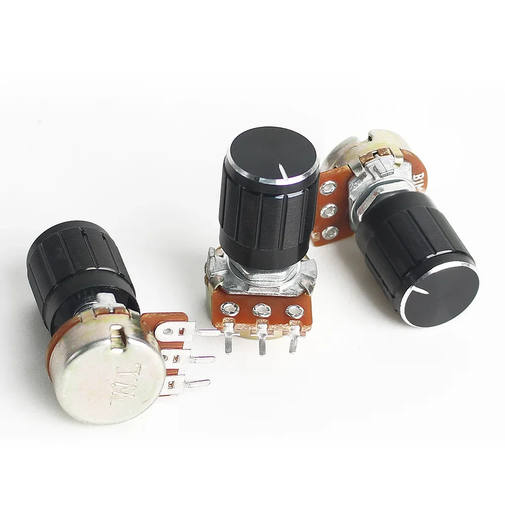 5Set 15mm 3pin WH148 Potentiometer with Black Aluminum Alloy Knob Cap 1K 2K 5K 10K 20K 50K 100K 250K 1M Linear Potentiometer Kit