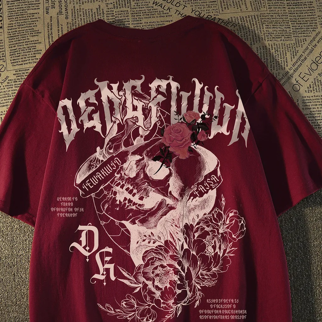 Herren Oversize-T-Shirt mit Totenkopf-Rosen-Print, Gothic-Streetwear, Kurzarm, lässiges Grafik-T-Shirt für den Sommer – Detail 4