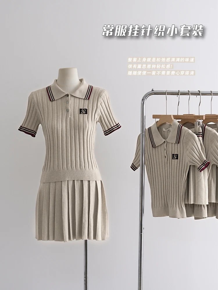 Spring Summer Women Cute Core 2000s Knit Preppy Tennis Outfits 2 Piece Set Short Sleeve Polo Collar Tops + Mini Pleated Skirt