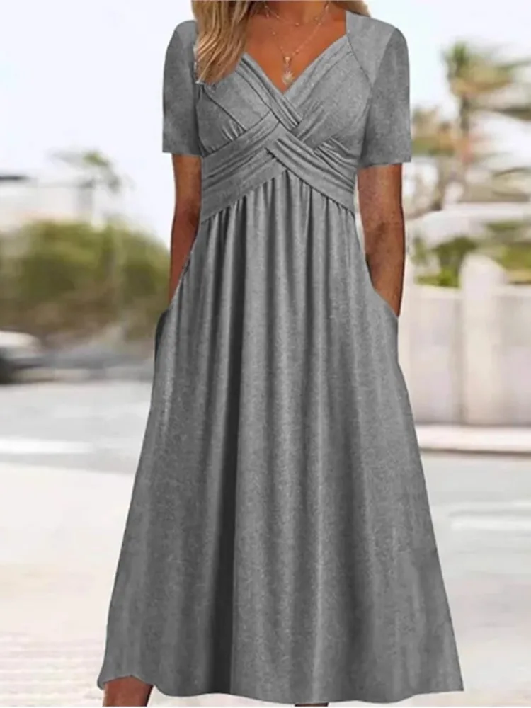 

Summer Fashion Dress Solid Color V Neck Elegant Casual Holiday Beach Dresses Pocket High Waist Loose Womens Clothing New 2025