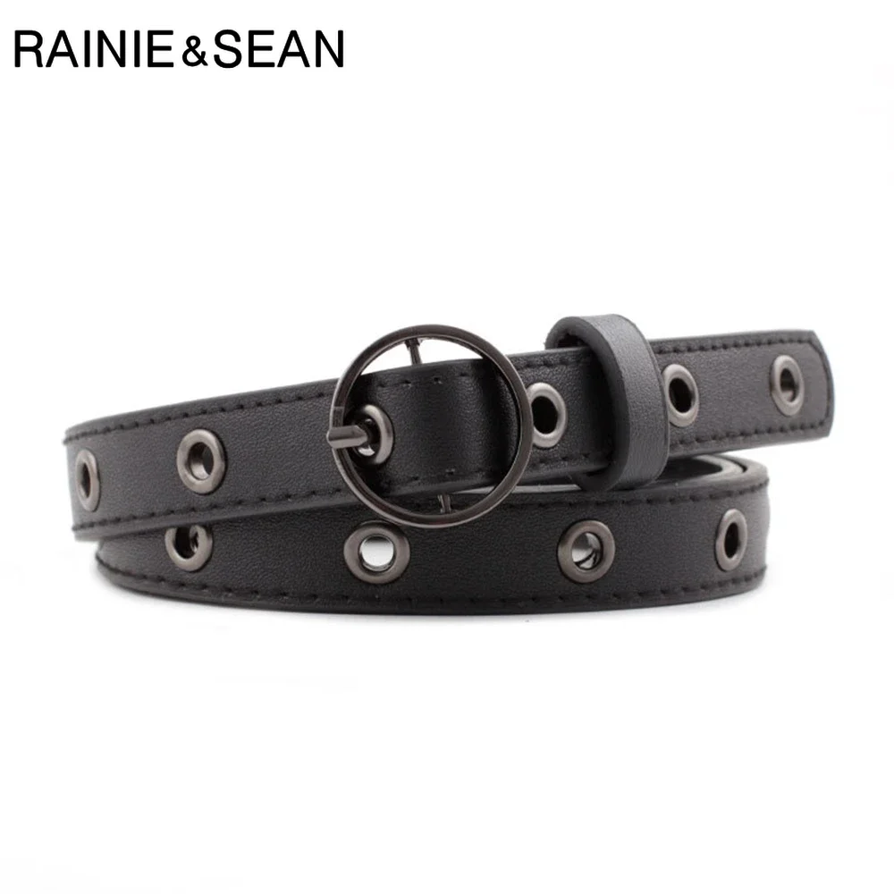 

RAINIE SEAN Black Vintage Belts for Women Round Buckle Thin Leather Belt Female Hollow Out Many Holes Ladies Belts for Jeans