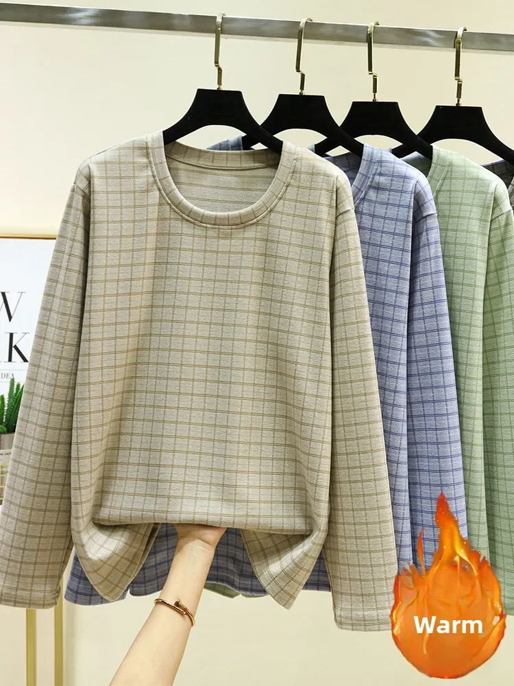 

Men's Winter Thiened Fce Lined Loose Plaid Spwear Top Warm Home Clothes Large Size Base irt round Ne Long Sve