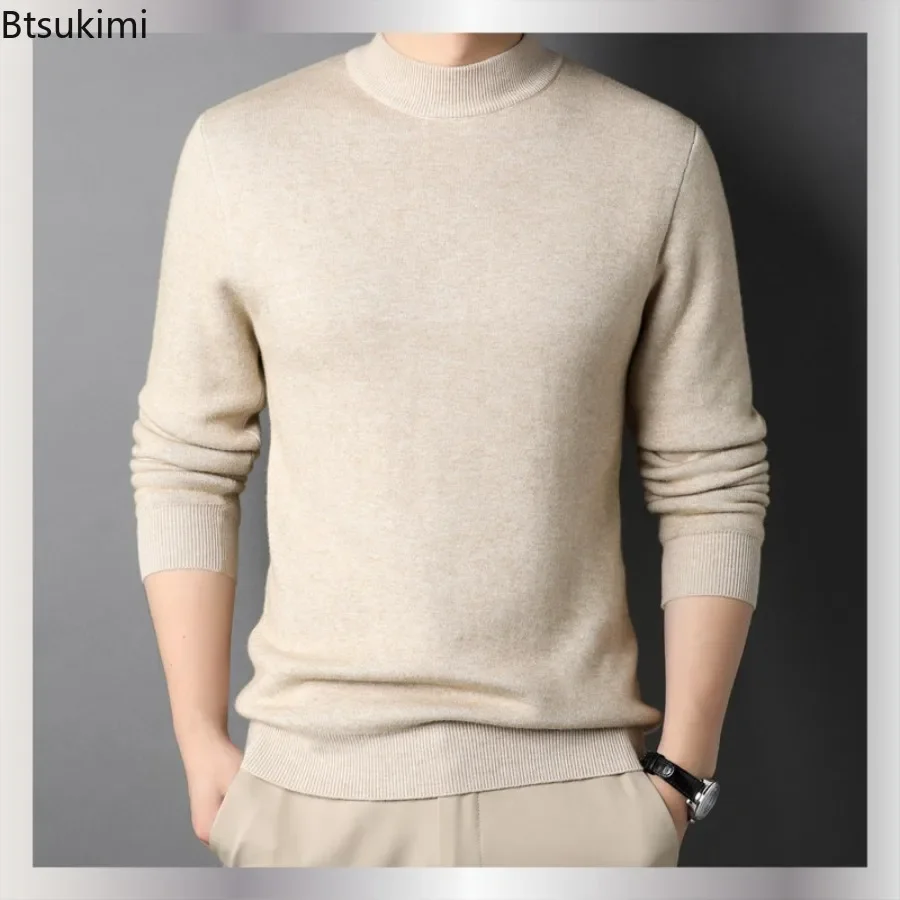 

2024 Men's Cashmere Sweaters Brand New Fashion Solid Half Turtleneck Knitted Pullover Tops Cozy Slim Knitwear Wool Sweaters Male