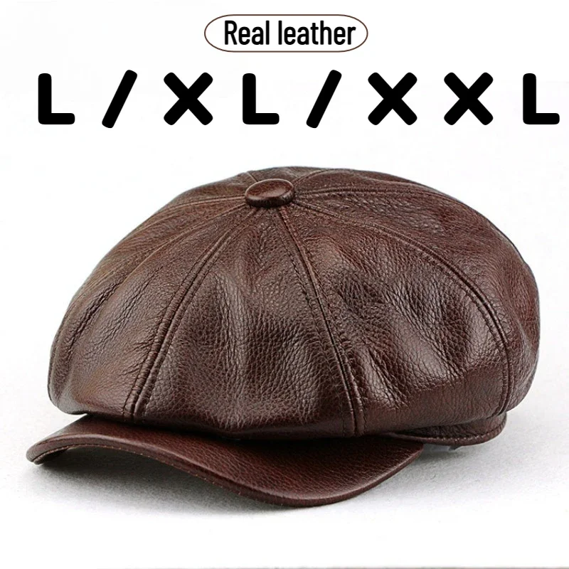 Real Cow Leather Big Head XXL 62cm Octagonal Hats Men's Large Size L XL Newsboy Hat British Fashion Cowhide Women's Berets Cap