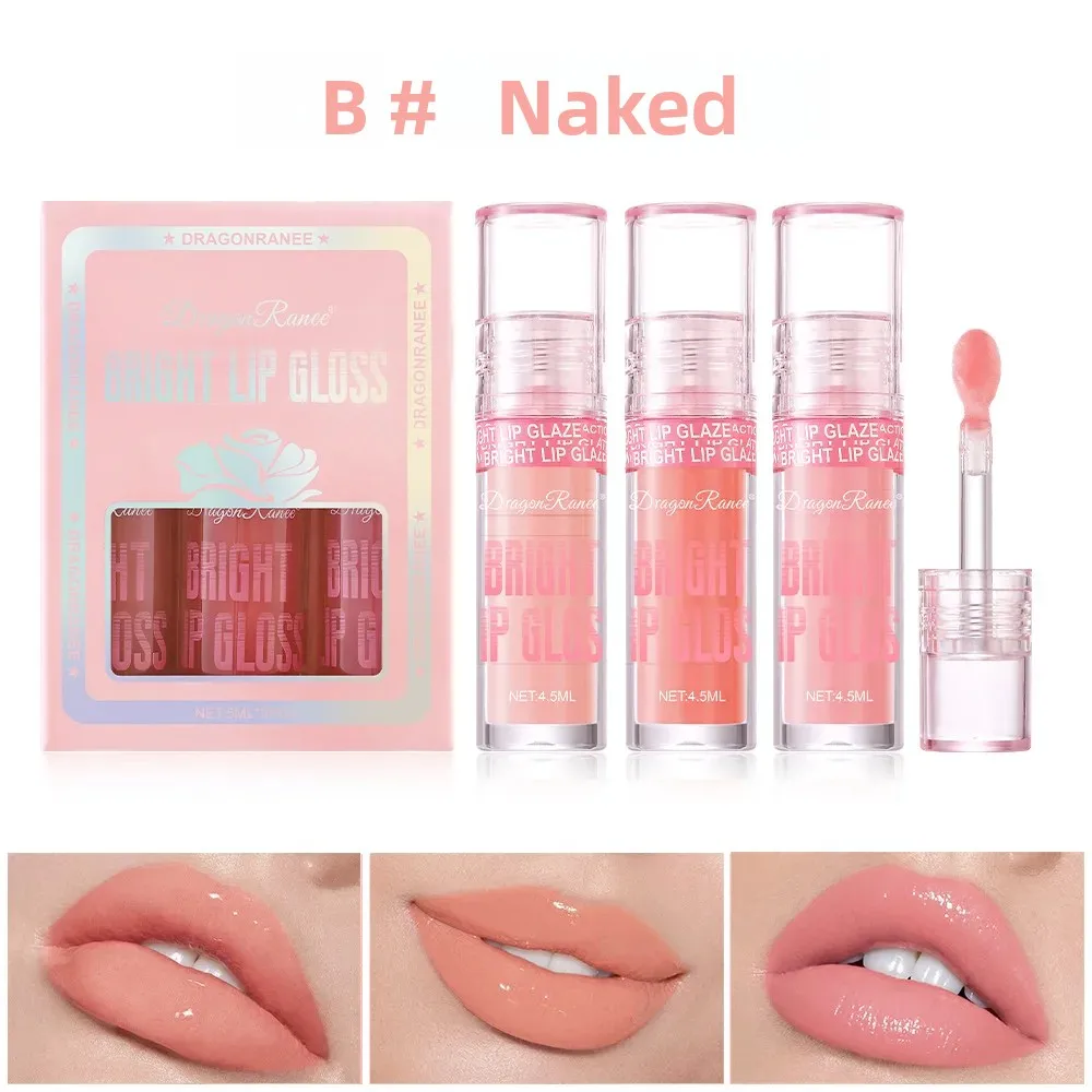 Water Glossy Lip Gloss 3pcs Set Moisturizing Non Sticky Pearlescent Shine Plumper Lip Glaze Liquid Lipstick With Large Brush