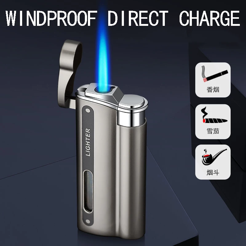 DK7701 Metal Electroplating Direct Blue Flame Windproof Inflatable Lighter Visual Window Cigarette Lighter