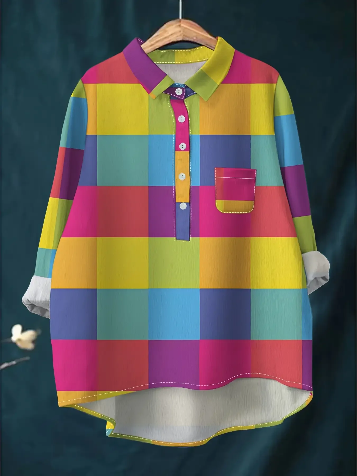 

Fashion 2026 new women's casual loose fit floral printed button up shirt - Colorful checkered top.