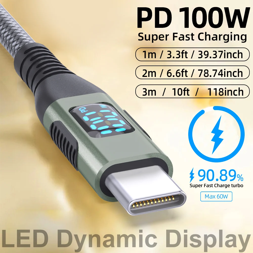 100 واط USB C إلى USB C كابل نوع C PD 5A FastCharging لشاشة LED النايلون مضفر شاحن الحبل آيفون 16 15 ماك بوك باد