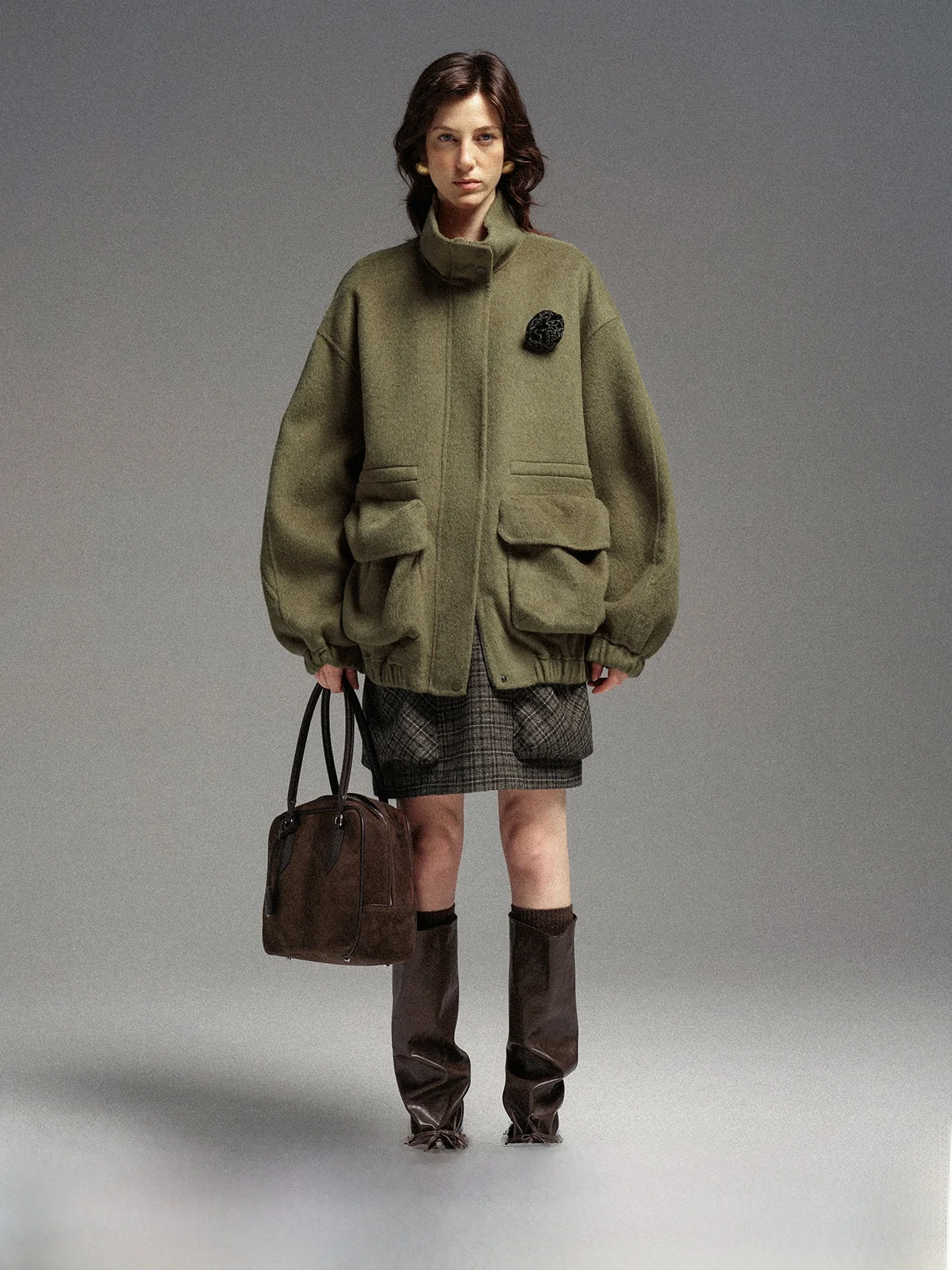 

Двусторонняя шерстяная куртка с регулируемой талией, воротником-стойкой, эффектным 3D-узором в виде цветов, для повседневной носки, с длинными рукавами