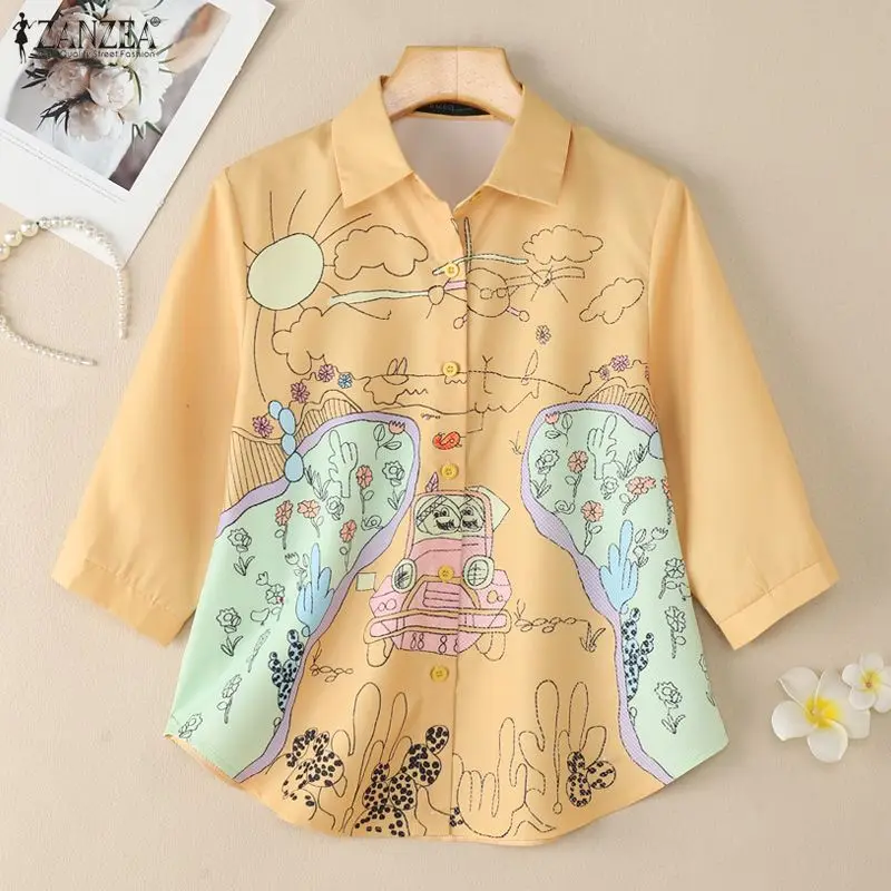 ZANZEA Frauen Stilvolle Shirts Mode 3/4 Hülse Casual Bluse Herbst Frühling Revers Elegante Büro Streetwear Koreanische Blusas Tops