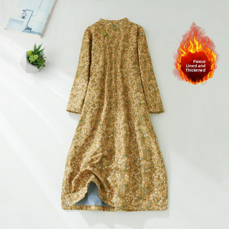 

Ретро на пуговицах Thiened Fce Print Qipao Long Sve Dr, женская юбка трапециевидной формы большого размера с воротником-стойкой, повседневная зимняя юбка Dr