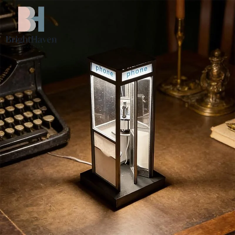 Retro Vintage Tall Phonebooth Lamp, Classic Telephone Booth Table Lamp With Warm LED Light, Phone Box Decorative Night Light B.H view 2