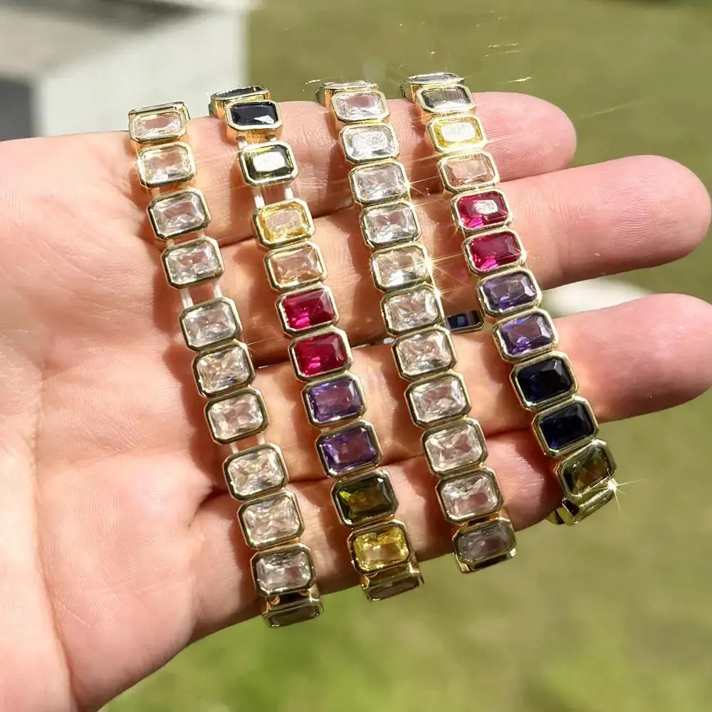 High Quality Fashion Colorful Bezel Heart CZ Cubic Zirconia Stretchy Stretch Rainbow Tennis Bracelets For Women Party Jewelry