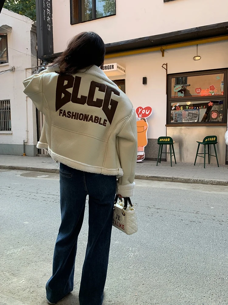 Lagoujian ort Thiened PU Leather Jaet Lamb Fur Lined Winter Coat Zipper Closure Long Sve Slim Fit Sle Faionable