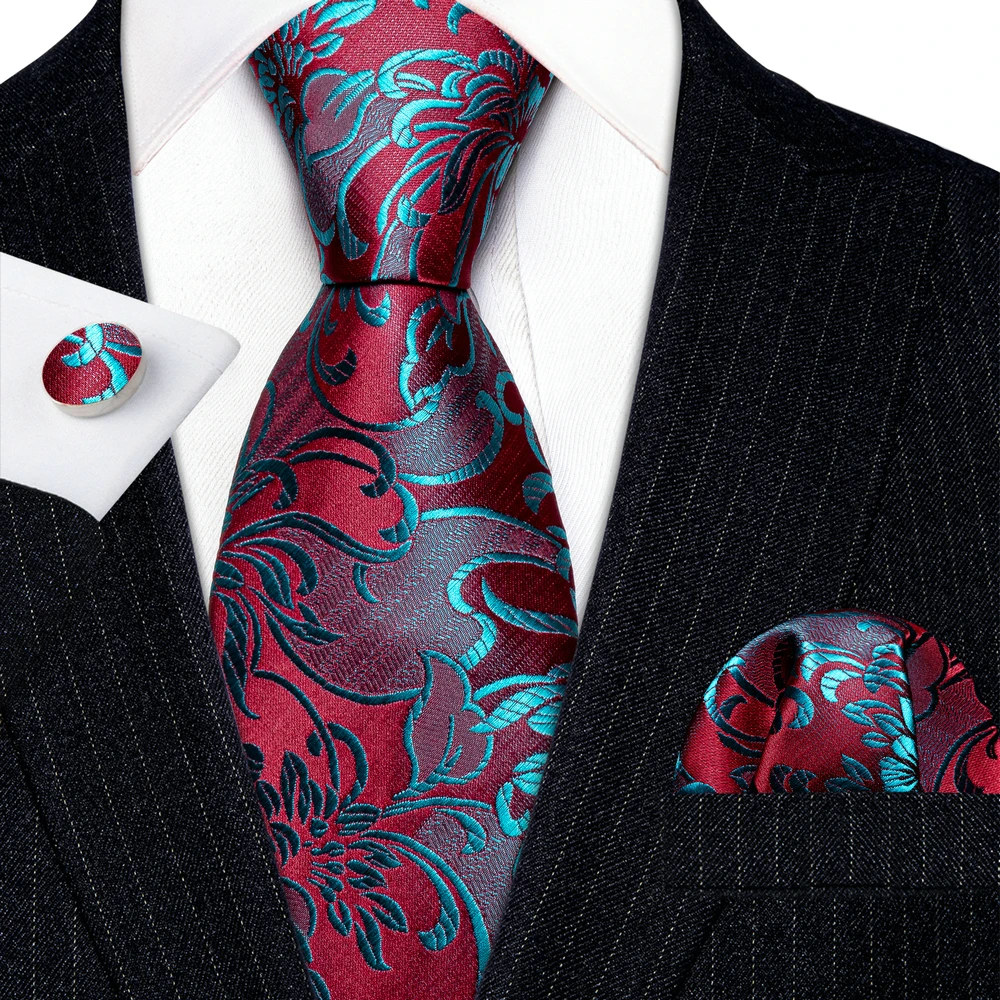 Fashion Silk Red Blue Teal Floral Men Tie Set Necktie Handkerchief Cufflinks Wedding Gift Barry. Wang Tie Pin Brooches A-6074