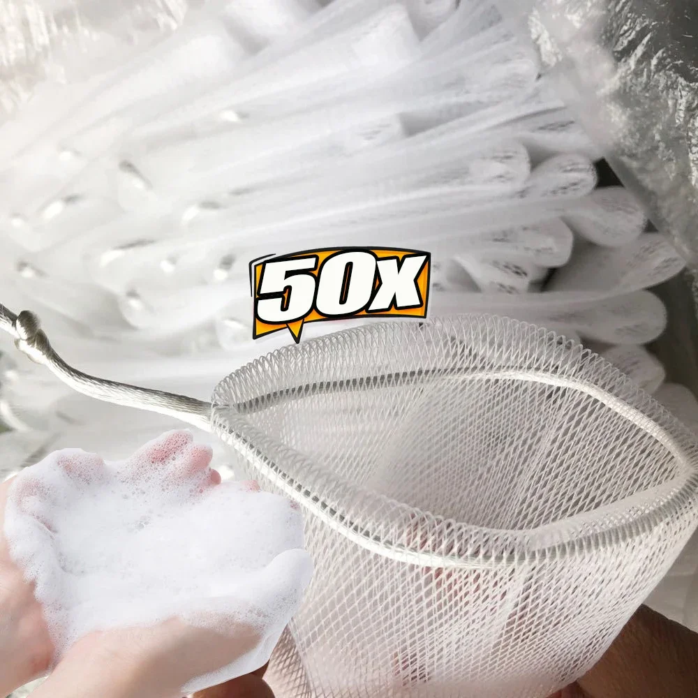 50Pcs Soap Foaming Net Mesh Bags Bath Washing Tools Body Cleaning Bubble Helper Mesh Deep Cleaning Delicate Foam Cotton Net