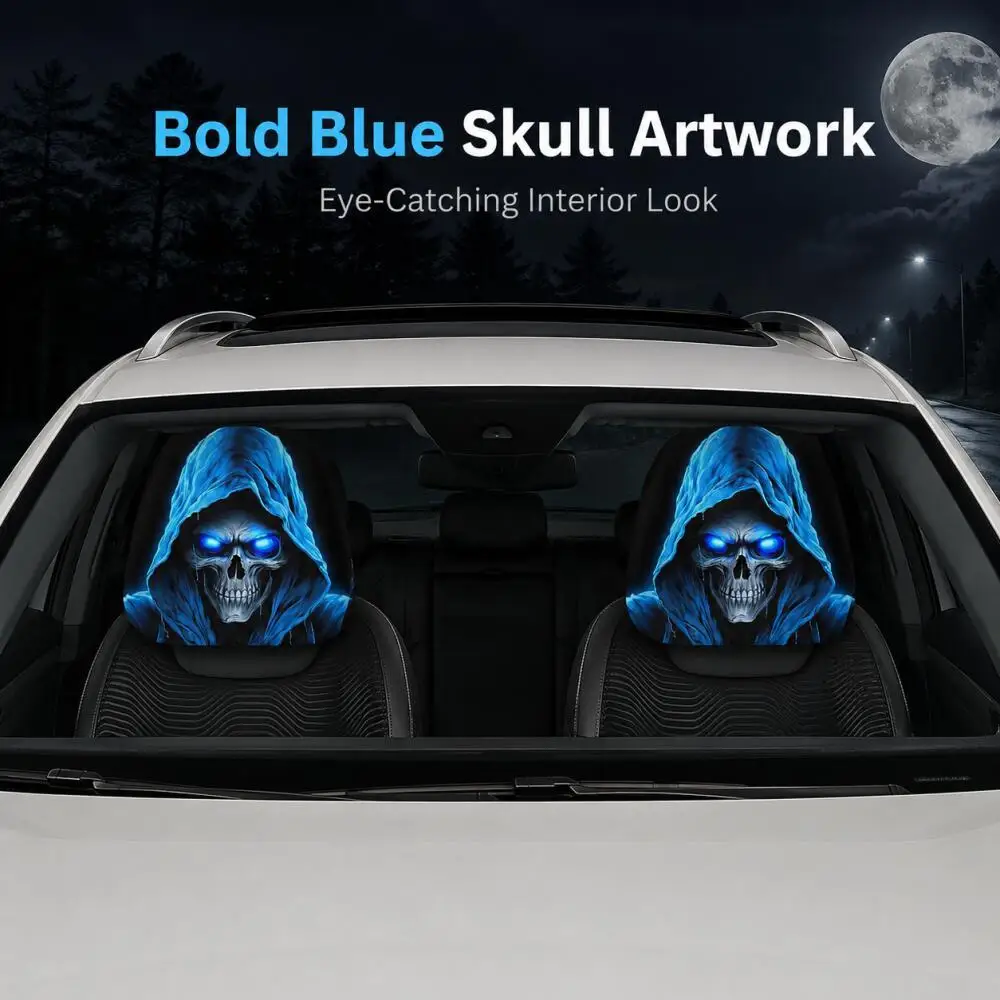 2 Stück Blau Leuchtende Totenkopf-Auto-Kopfstützenbezüge 2D Flacher Kapuzen-Jäger-Print Schwarzer Auto-Kopfstützenschutz Gothic Universelle Passform