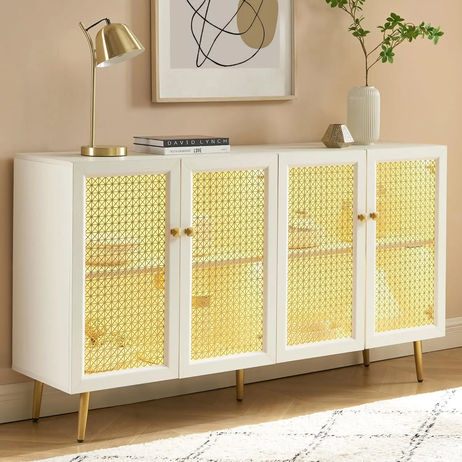

Grayish-White Storage Cabinet Sideboard Large Buffet with LED Light, ltifunctional Accent Console Cabinet for Dining R